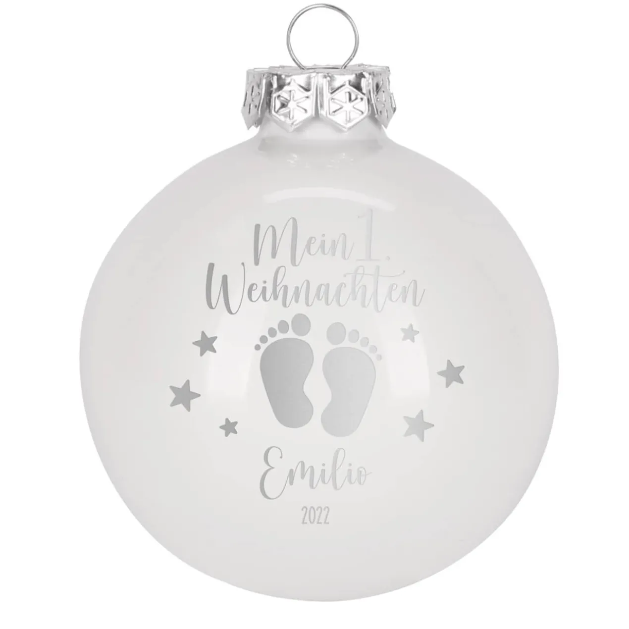 Mein 1. Weihnachten - Weihnachtskugel mit Babyfüßchen und Sternchen graviert