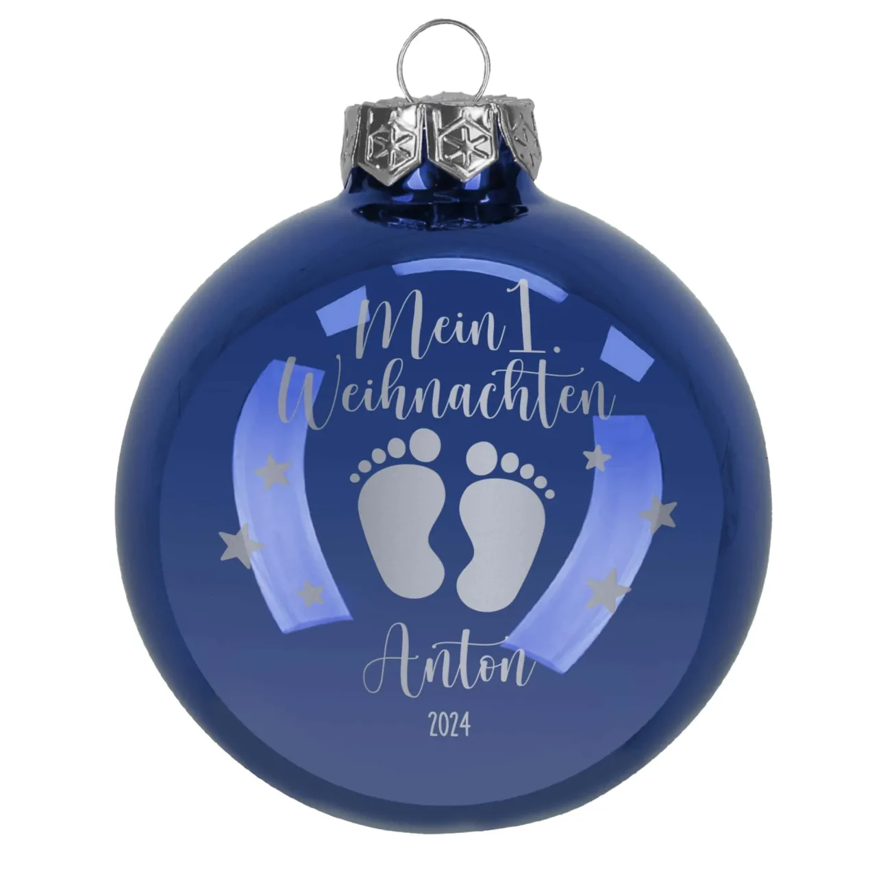 Mein 1. Weihnachten - Weihnachtskugel mit Babyfüßchen und Sternchen graviert