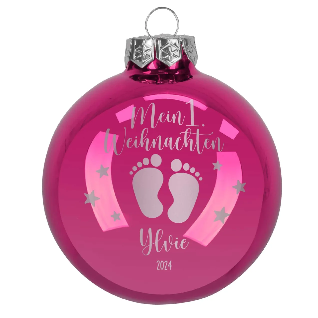 Mein 1. Weihnachten - Weihnachtskugel mit Babyfüßchen und Sternchen graviert