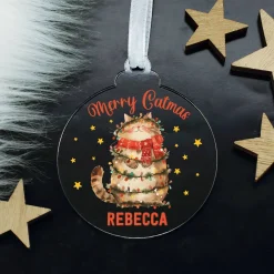 Merry Catmas - Acryl Christbaumkugel mit Ihrem Wunschnamen