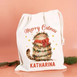 Merry Catmas - Geschenksack mit Katzenmotiv und Ihrem Wunschnamen