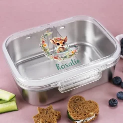 Metall -Brotdose mit Rehkitzmotiv und Wunschname bedruckt