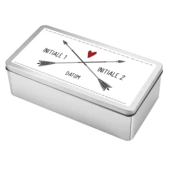 Metalldose als Geschenkverpackung zur Hochzeit mit Initialen und Datum