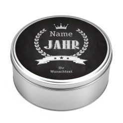 Metalldose zum Geburtstag mit Name, Jahreszahl und Glückwunschtext