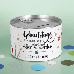 Metall-Spardose zum Geburtstag mit Konfettimotiv