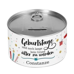 Metall-Spardose zum Geburtstag mit Konfettimotiv