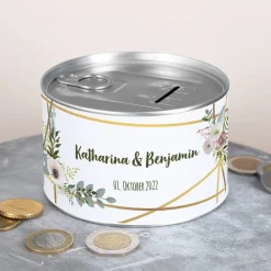 Metall Spardose zur Hochzeit mit Namen und Datum