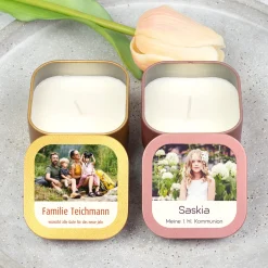 Mini Duftkerze mit Foto & Wunschtext | Kerze als Gastgeschenk & Deko für viele Anlässe mit Farbwahl