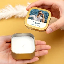 Mini Duftkerze mit Foto & Wunschtext | Kerze als Gastgeschenk & Deko für viele Anlässe mit Farbwahl