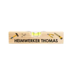 Mini Wasserwaage aus Holz mit Werkzeugmotiven und Ihrem Wunschtext bedruckt