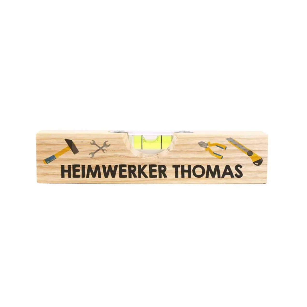 Mini Wasserwaage aus Holz mit Werkzeugmotiven und Ihrem Wunschtext bedruckt