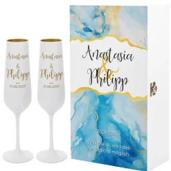 Modernes Geschenkset zur Hochzeit mit zwei Sektgläsern und wunderschöner Watercolor Präsentbox