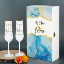 Modernes Geschenkset zur Hochzeit mit zwei Sektgläsern und wunderschöner Watercolor Präsentbox