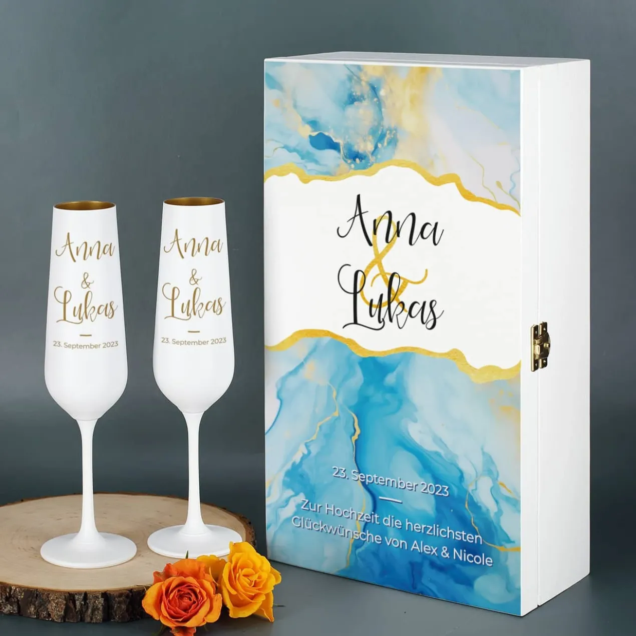 Modernes Geschenkset zur Hochzeit mit zwei Sektgläsern und wunderschöner Watercolor Präsentbox