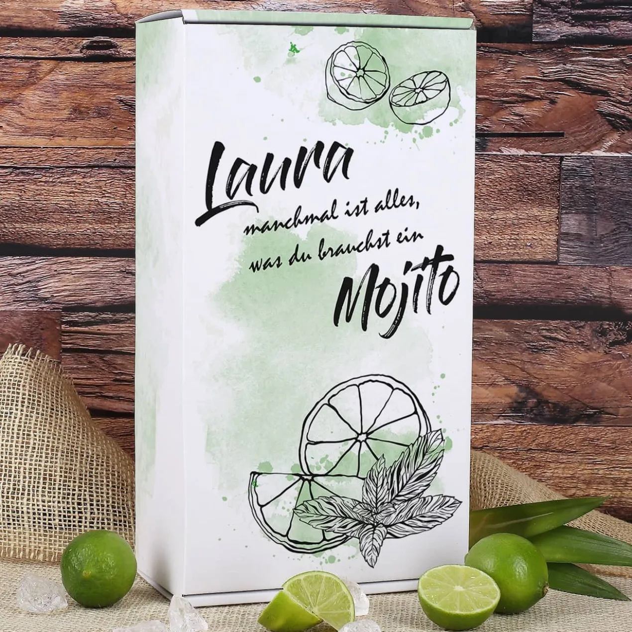Mojito-Geschenkset mit graviertem Longdrinkglas und personalisierter Verpackung