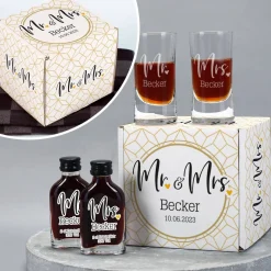 Mr. & Mrs. - Geschenkset zum Polterabend mit Kräuterlikör, Schnapsgläsern und persönlicher Box