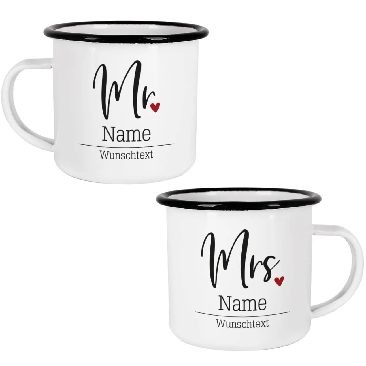 Mr und Mrs Emailletassen mit persönlichem Aufdruck