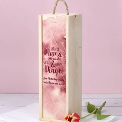 Muttertagsgeschenk - Weinflasche in bedruckter Holzbox mit Ihrem Wunschtext
