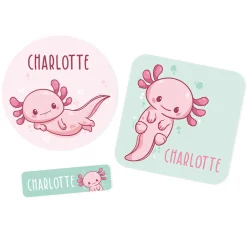 Namensaufkleber mit Axolotl Motiv und Name personalisiert | 84 Sticker für Kindergarten, Kita & Schule