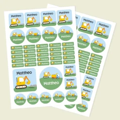 Namensaufkleber mit Bagger Motiv und Name personalisiert | 84 Sticker für Kindergarten, Kita & Schule