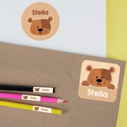 Namensaufkleber mit Bär Motiv und Name personalisiert | 84 Sticker für Kindergarten, Kita und Schule