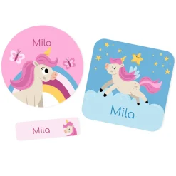 Namensaufkleber mit Einhorn Motiv und Name personalisiert | 84 Sticker für Kindergarten, Kita & Schule