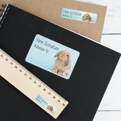 Namensaufkleber mit Hase Motiv & Wunschtext personalisiert für Schule, Kindergarten & Einschulung