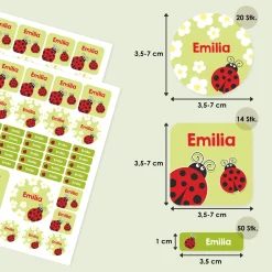 Namensaufkleber mit Marienkäfer Motiv und Name personalisiert | 84 Sticker für Kindergarten & Schule