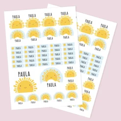 Namensaufkleber mit Sonne Motiv und Name personalisiert | 84 Sticker für Kindergarten, Kita & Schule