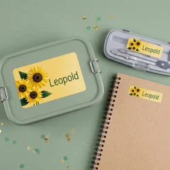 Namensaufkleber 'Sonnenblumen' | 100 Stück Schulaufkleber Etiketten personalisiert mit Name