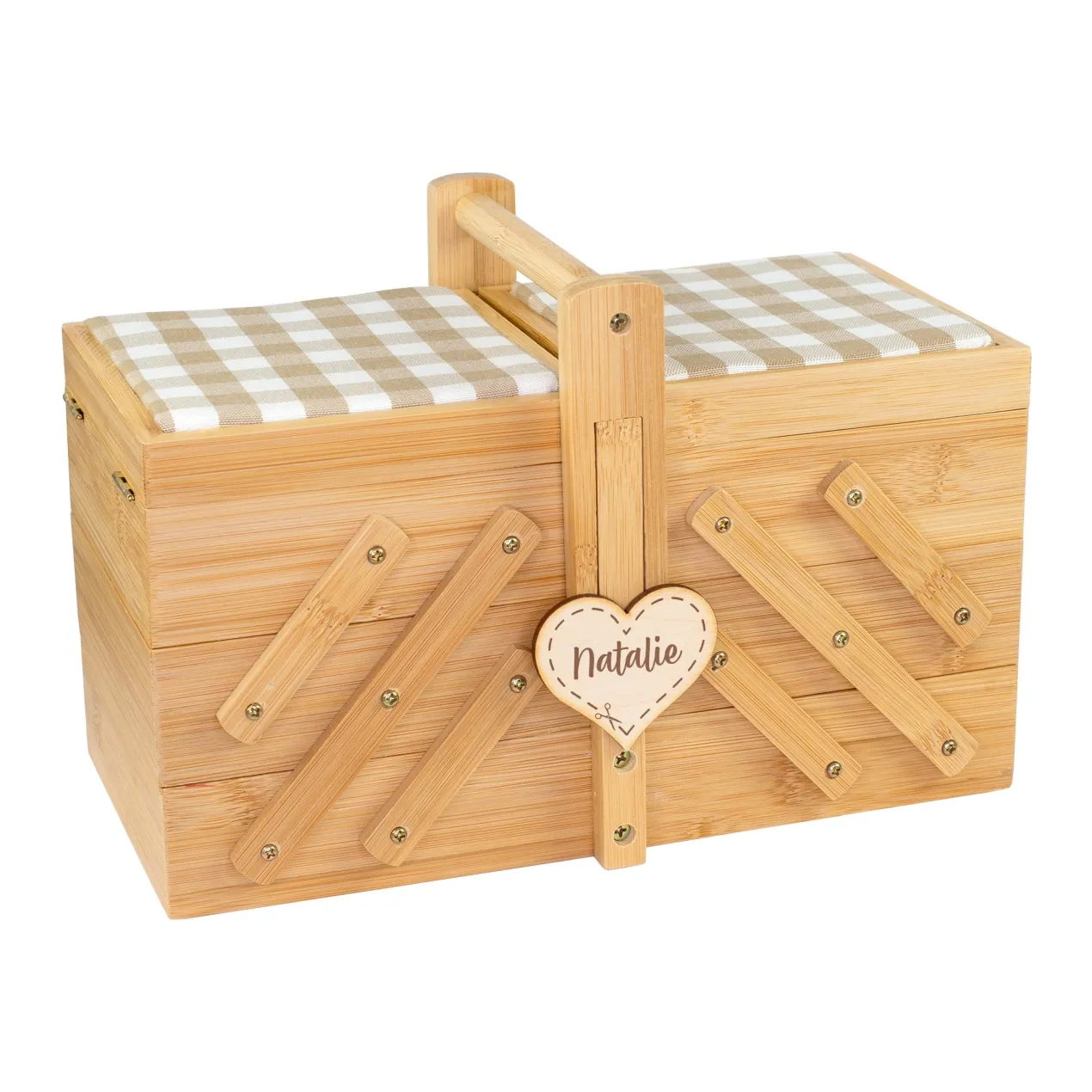 Nähkästchen aus Holz personalisiert mit Name | Bambus Nähkasten mit 5 Fächern & Nadelkissen