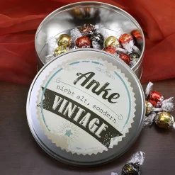 Nicht alt, sondern vintage! - runde Geschenkdose mit Name