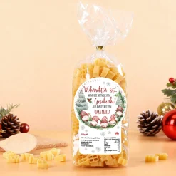 Nudeln zu Weihnachten personalisiert mit Name | Weihnachtsnudeln in Geschenkform mit Wichtel-Motiv