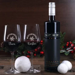 Oh du fröhliche... Weinset zum Fest - 2 gravierte Gläser, 1 Weinflasche in bedruckter Holzbox