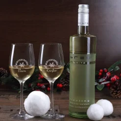 Oh du fröhliche... Weinset zum Fest - 2 gravierte Gläser, 1 Weinflasche in bedruckter Holzbox