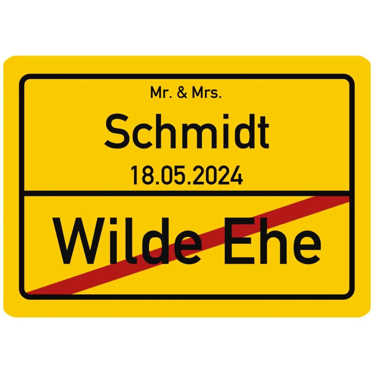 Ortsschild zur Hochzeit mit Name und Datum