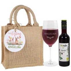 Ostergeschenkset mit Biorebe Weiß- oder Rotwein und graviertem Glas