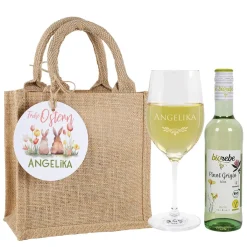 Ostergeschenkset mit Biorebe Weiß- oder Rotwein und graviertem Glas
