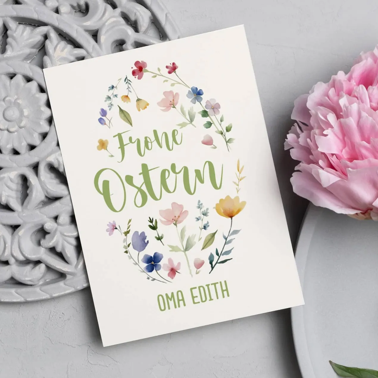 Osterkarte mit Blumen-Motiv und Wunschtext