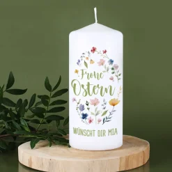 Osterkerze mit Frühlingsblumen & Wunschtext, 2 Größen auswählbar