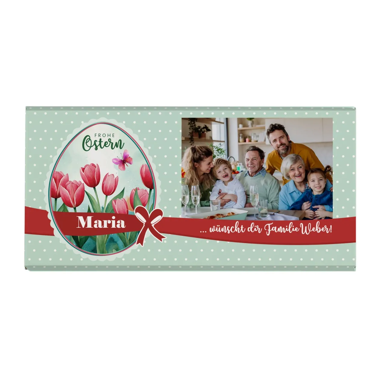 Osterschokolade mit Foto, Wunschtext & Name | Tulpenmotiv