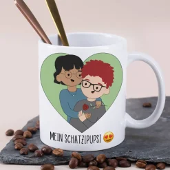 Paar-Tasse mit personalisierbaren Figuren und wählbarem Spruch