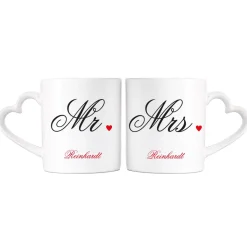 Paartassen Mr und Mrs mit herzförmigem Henkel