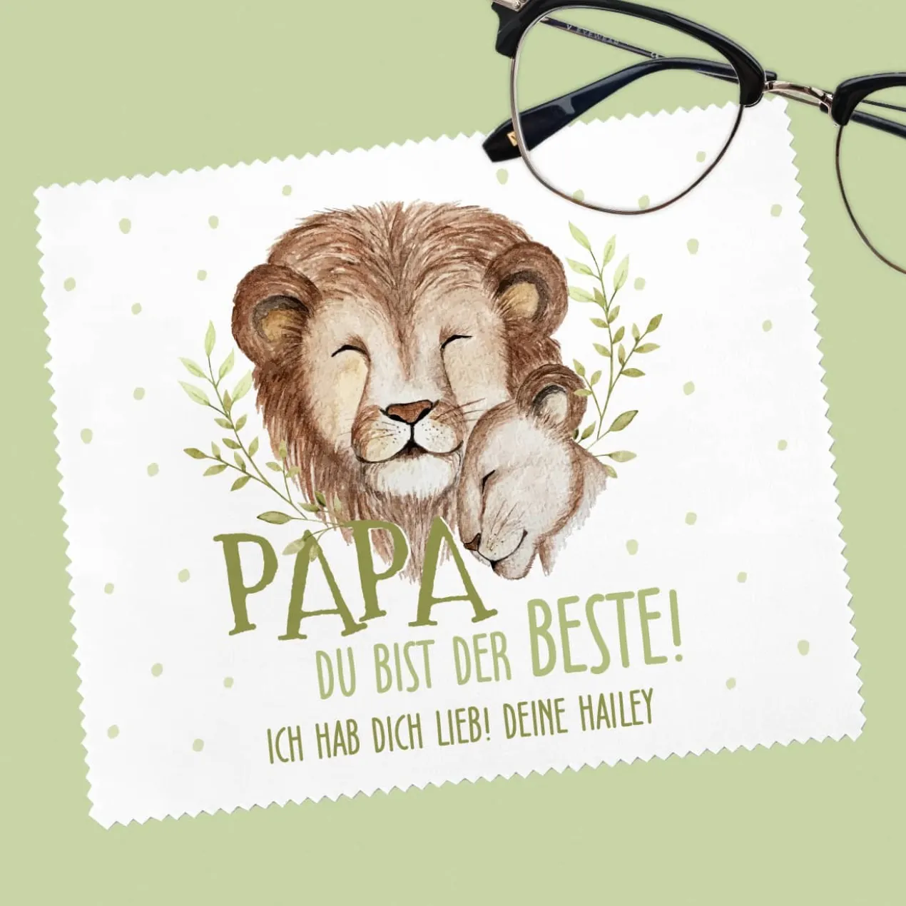Papa du bist der Beste! - Brillenputztuch zum Vatertag mit Löwenmotiv