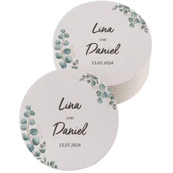 30 Pappuntersetzer zur Hochzeit mit Eukalyptus-Motiv, Namen und Datum