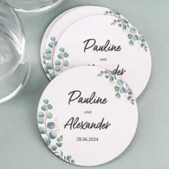 30 Pappuntersetzer zur Hochzeit mit Eukalyptus-Motiv, Namen und Datum