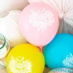 8 pastellfarbene Luftballons Happy Birthday