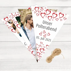Persönliche Herzchen Girlande mit Namen und Datum zum Polterabend oder zur Hochzeit