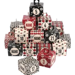 Persönlicher DIY-Adventskalender 24 Schachteln mit rot-grünen Mustern