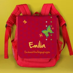 persönlicher Kinderrucksack in rot mit Schmetterlingen und Blüten